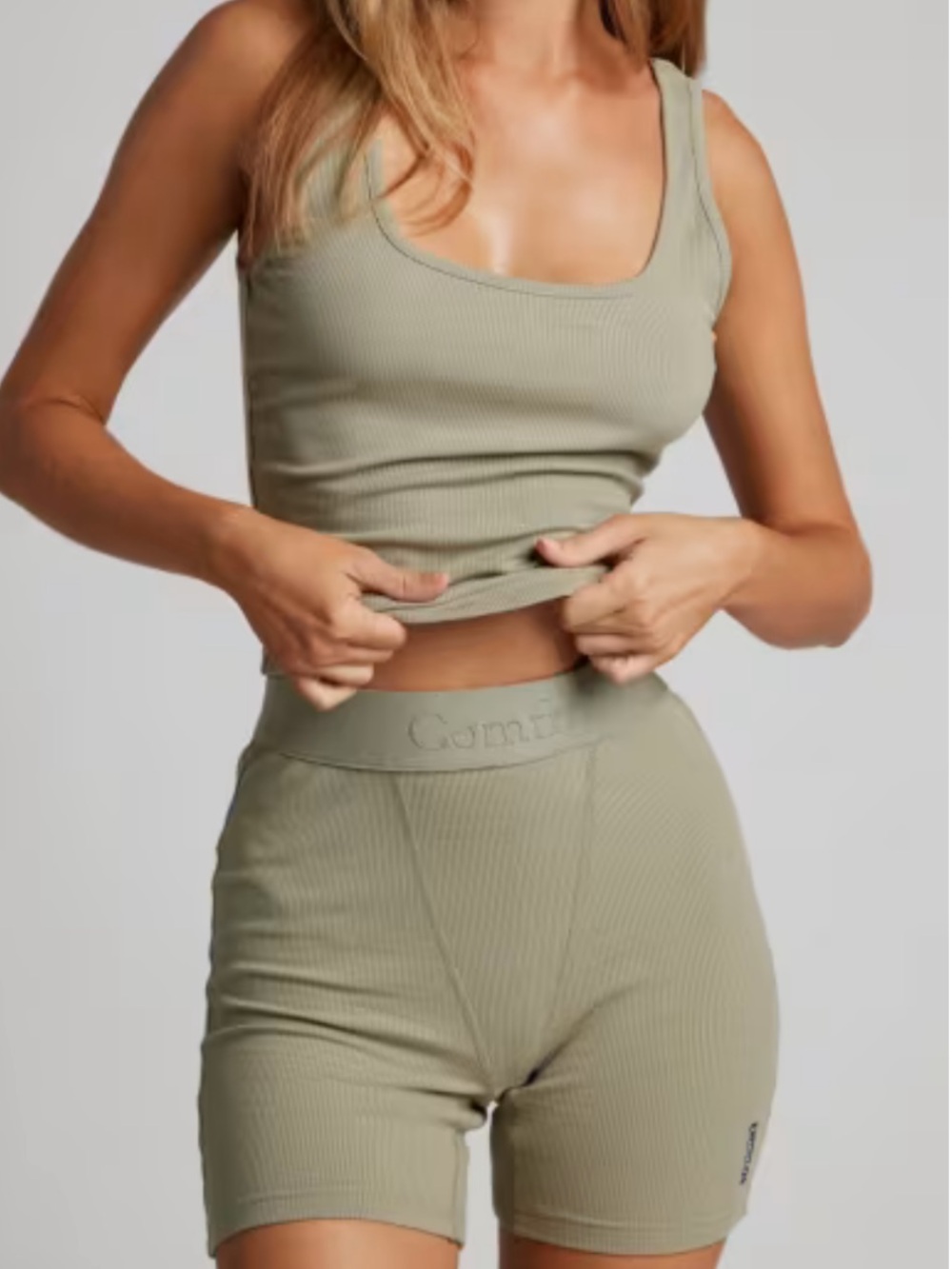 Comfrt Rib Crop Tank & Boxer Short Set Olive Green Womens Small